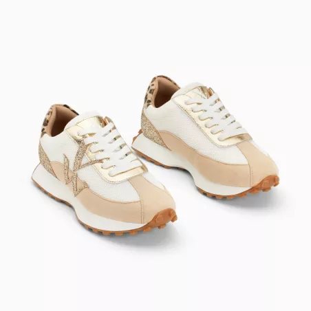 Baskets monogramme Faustine ivoire et beige à semelle running