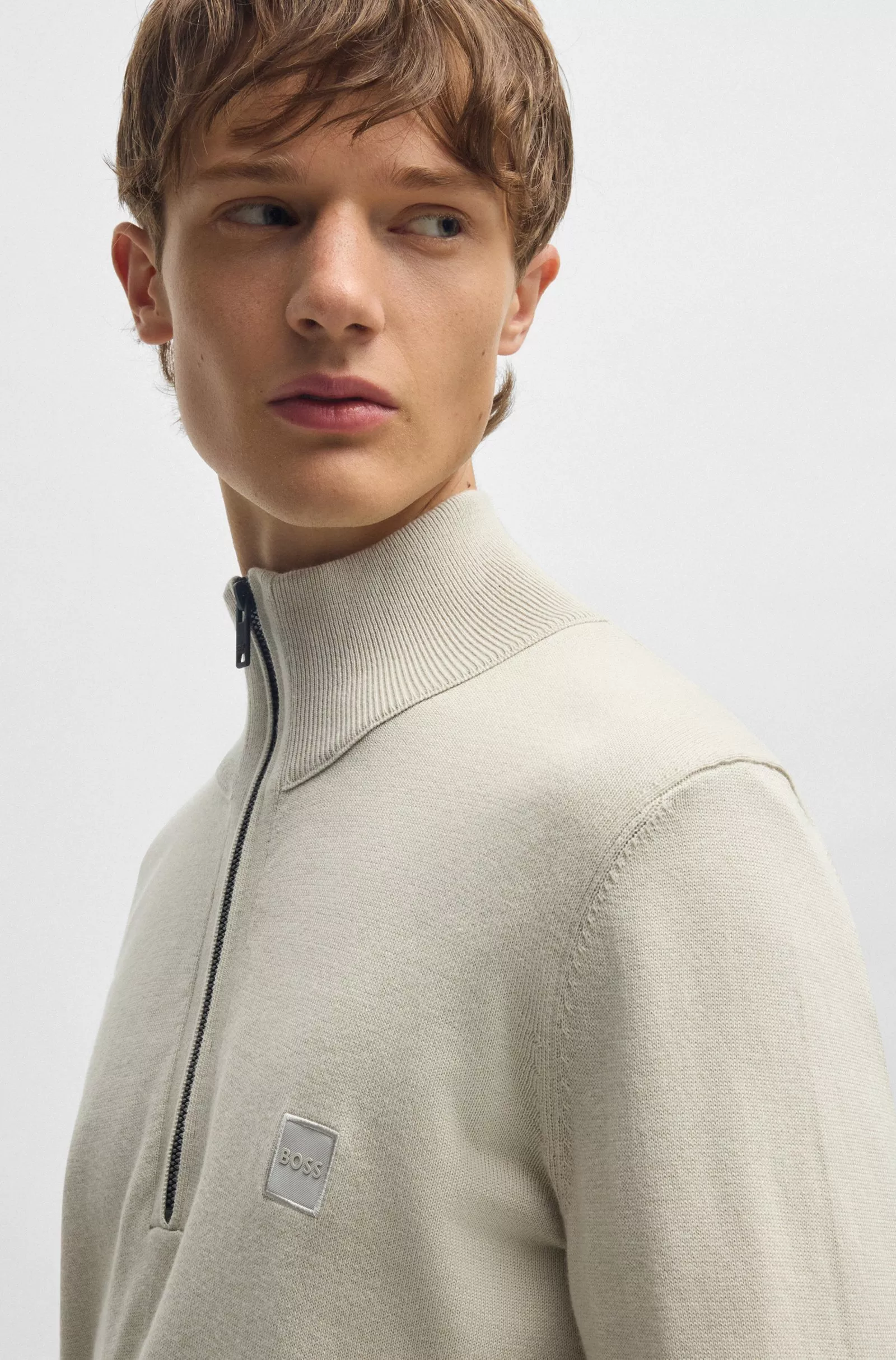 Pull à encolure zippée en coton et cachemire avec patch logoté